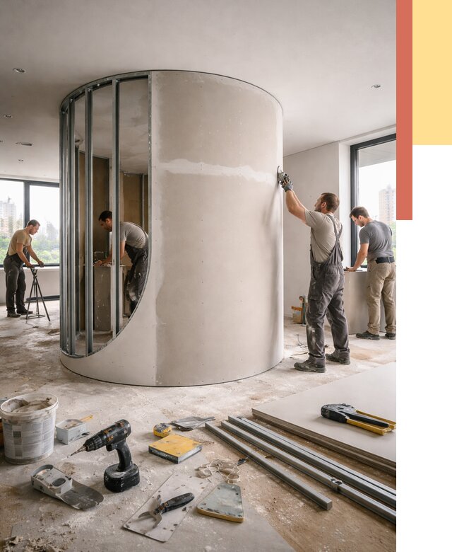 Радиусная перегородка из гипсокартона в Элисте от 3003 руб. под ключ | ОТДЕЛОЧНИК-Элс