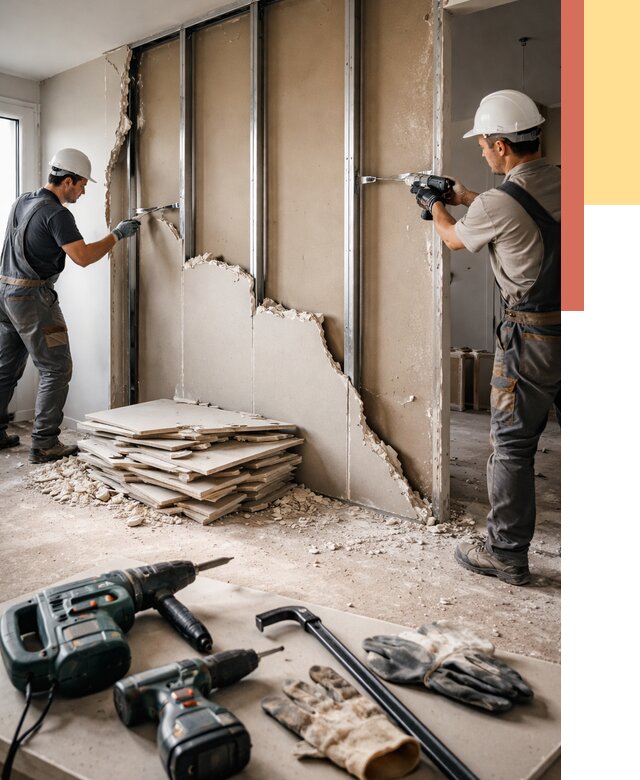 Демонтаж перегородки из гипсокартона в Элисте от 1243 руб. быстро и недорого | ОТДЕЛОЧНИК-Элс