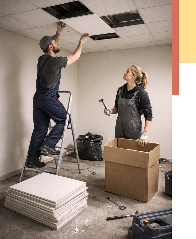 Демонтаж потолочной плитки в Элисте от 4660 руб. быстро и недорого | ОТДЕЛОЧНИК-Элс