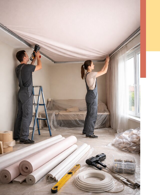 Монтаж цветного натяжного потолка в Элисте от 4350 руб/м² — быстро и недорого | ОТДЕЛОЧНИК-Элс