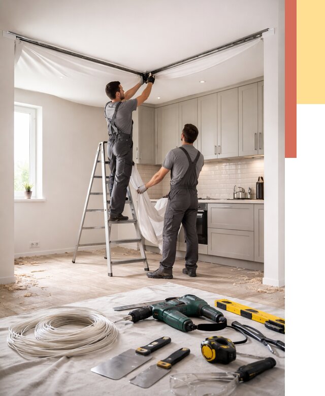 Установка натяжного потолка на кухне в Элисте от 2485 руб. | ОТДЕЛОЧНИК-Элс