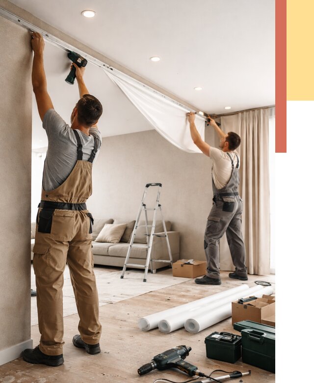 Монтаж натяжного потолка в гостиной в Элисте от 570 руб. | ОТДЕЛОЧНИК-Элс