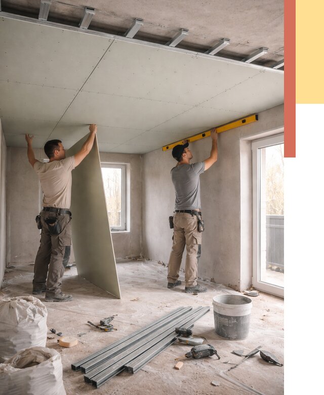 Одноуровневый потолок из гипсокартона в Элисте от 777 руб. — монтаж под ключ | ОТДЕЛОЧНИК-Элс